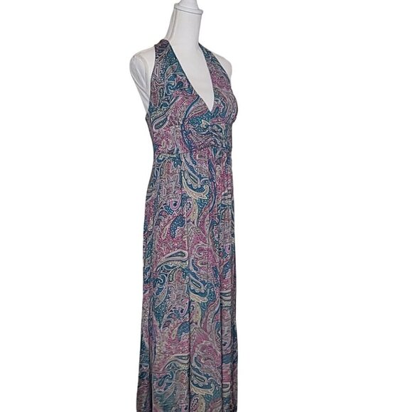 Lovely Dress by Westloop Size L Halter Full Length V Neck Stretch Patterned Blue - Picture 9 of 9
